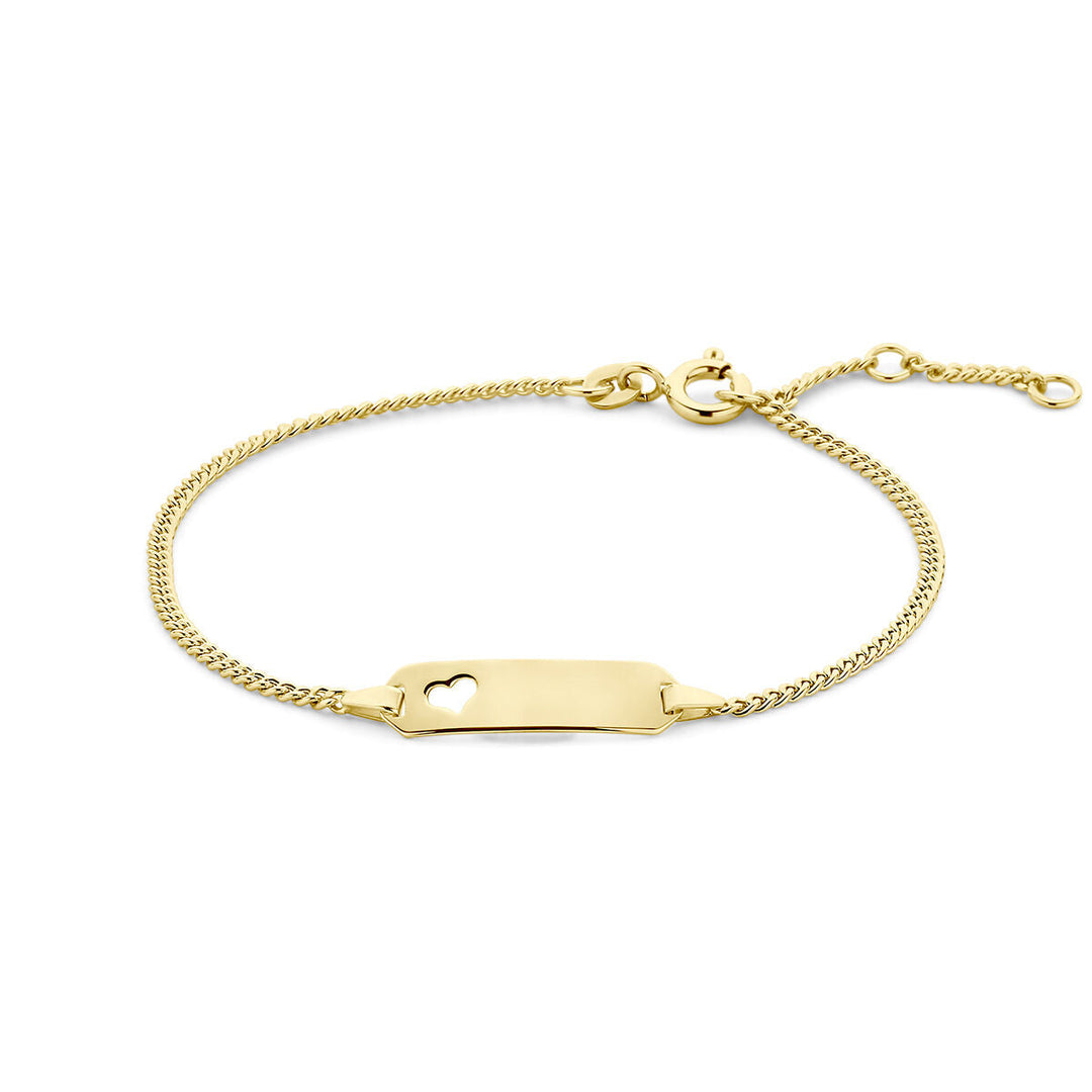De Van der Kooij Collectie graveerarmband hart gourmette plaat 5,3 mm in 14K geelgoud heeft een rechthoekige plaat met hart uitsparende schakels, verstelbare sluiting en ruimte voor gravure-ideaal als armband dames (16-19 cm).