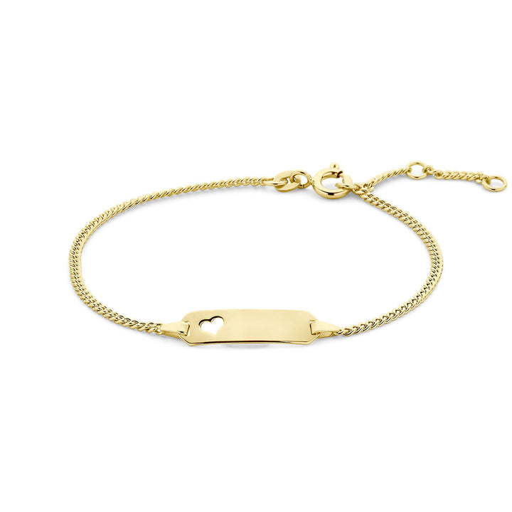 De Van der Kooij Collectie graveerarmband hart gourmette plaat 5,3 mm in 14K geelgoud heeft een rechthoekige plaat met hart uitsparende schakels, verstelbare sluiting en ruimte voor gravure-ideaal als armband dames (16-19 cm).