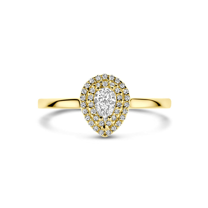 De Van der Kooij Collectie ring diamant 0.36ct h si 14K geelgoud heeft een peervormige centrale diamant met twee rijen ronde diamanten in een halo-zetting, wat een tijdloos elegante look creëert.