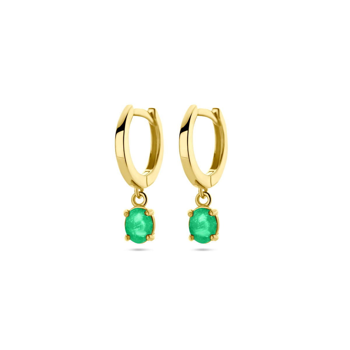 Klapp-Ohrringe aus 14K Gelbgold mit hängendem Smaragd, Durchmesser 19 mm