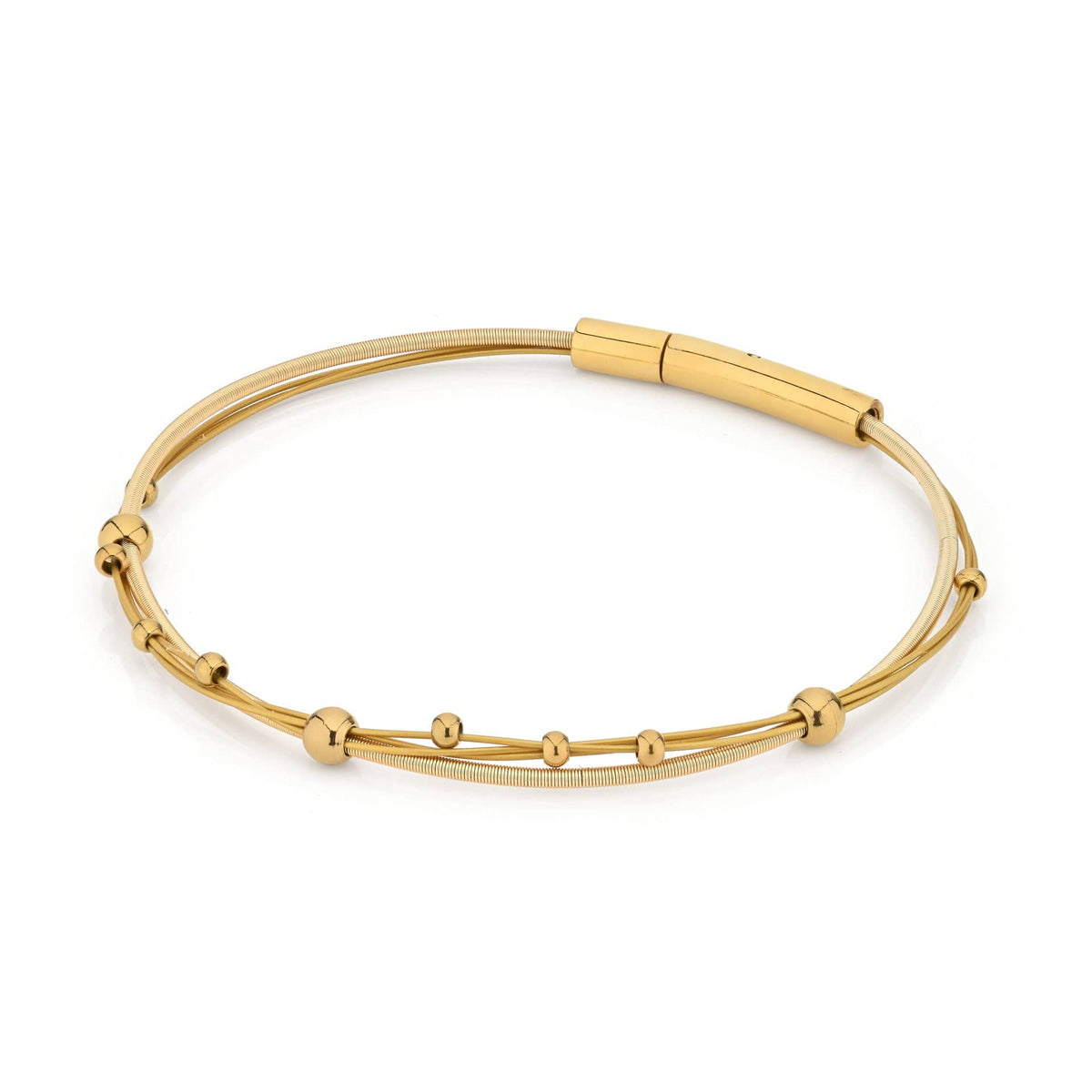 Armband aus goldfarbenem Metall mit spielerischen Kugeln in verschiedenen Größen
