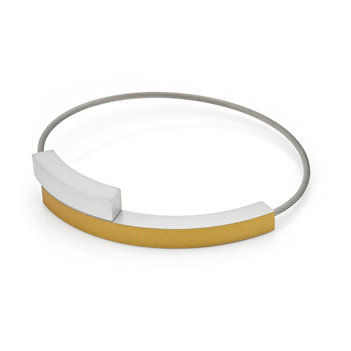Armband mit goldfarbener und silberner Oberfläche, zwei gebogene Elemente in modernem Design