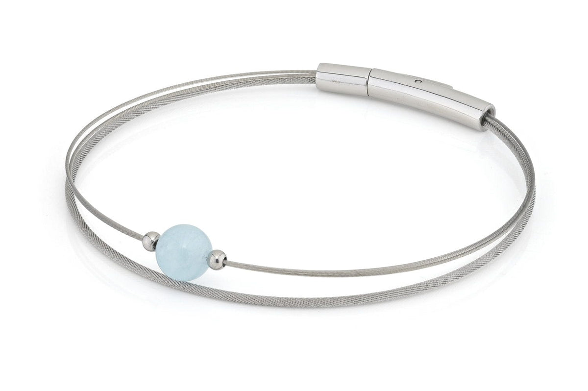 Armband aus Silber mit Aquamarinkugel und zwei silbernen Perlen