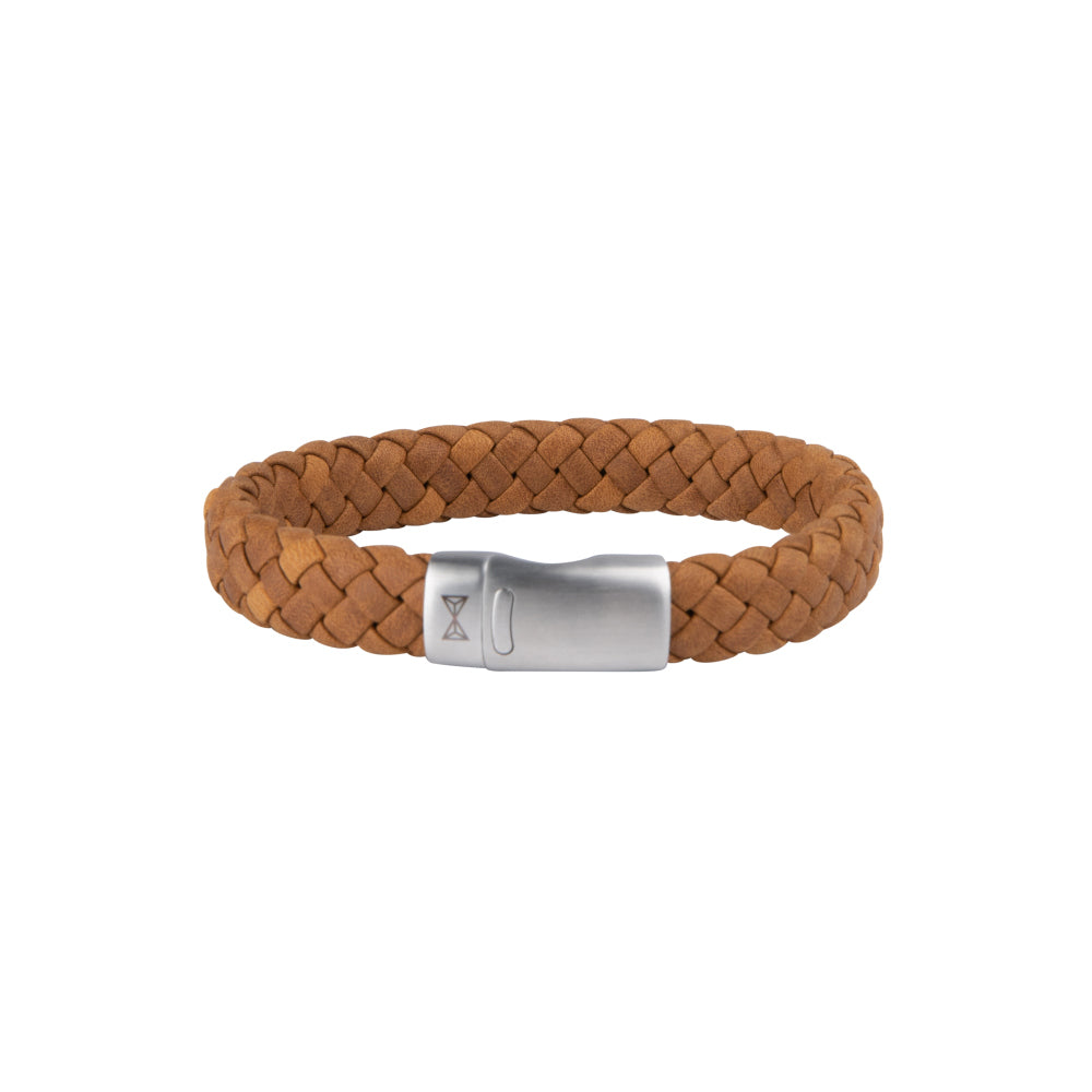 Herrenarmband aus geflochtenem braunem Leder mit silberner Verschlussplatte