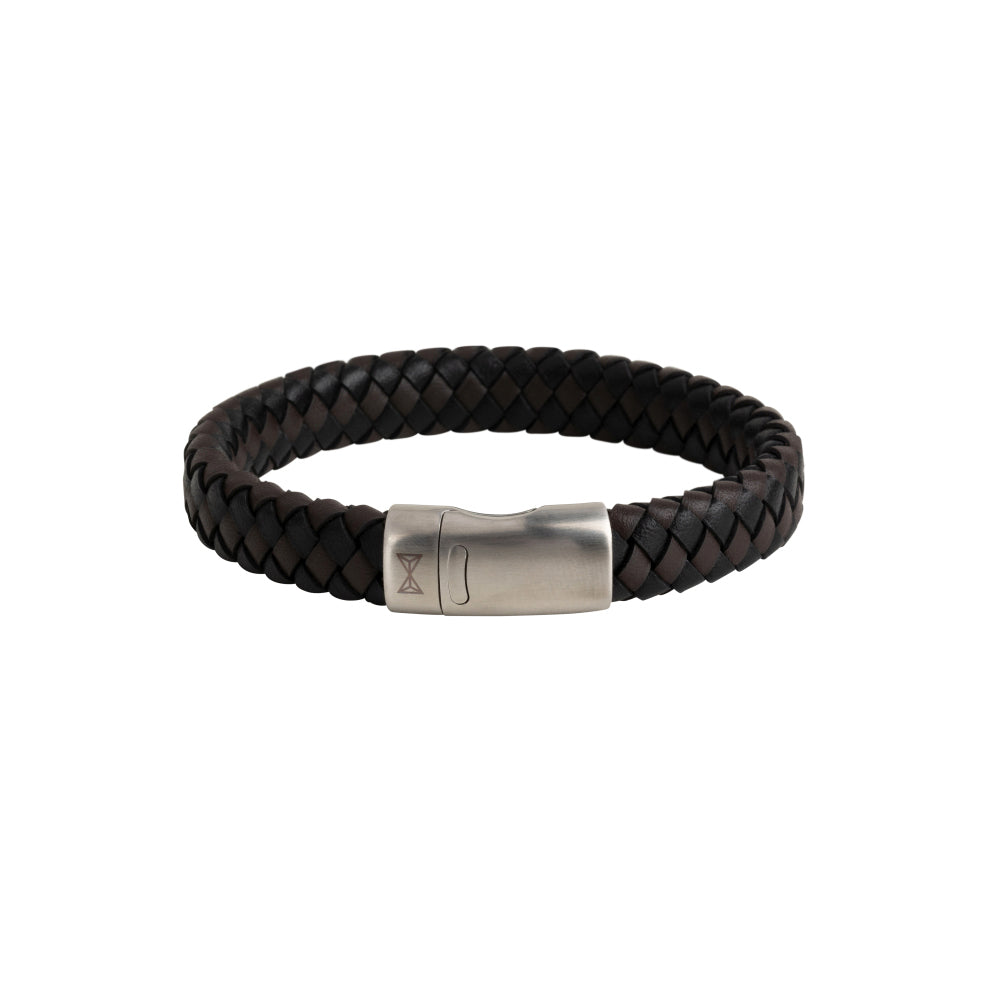 Herrenarmband aus geflochtenem schwarzem und braunem Leder mit silberner Verschlusskappe