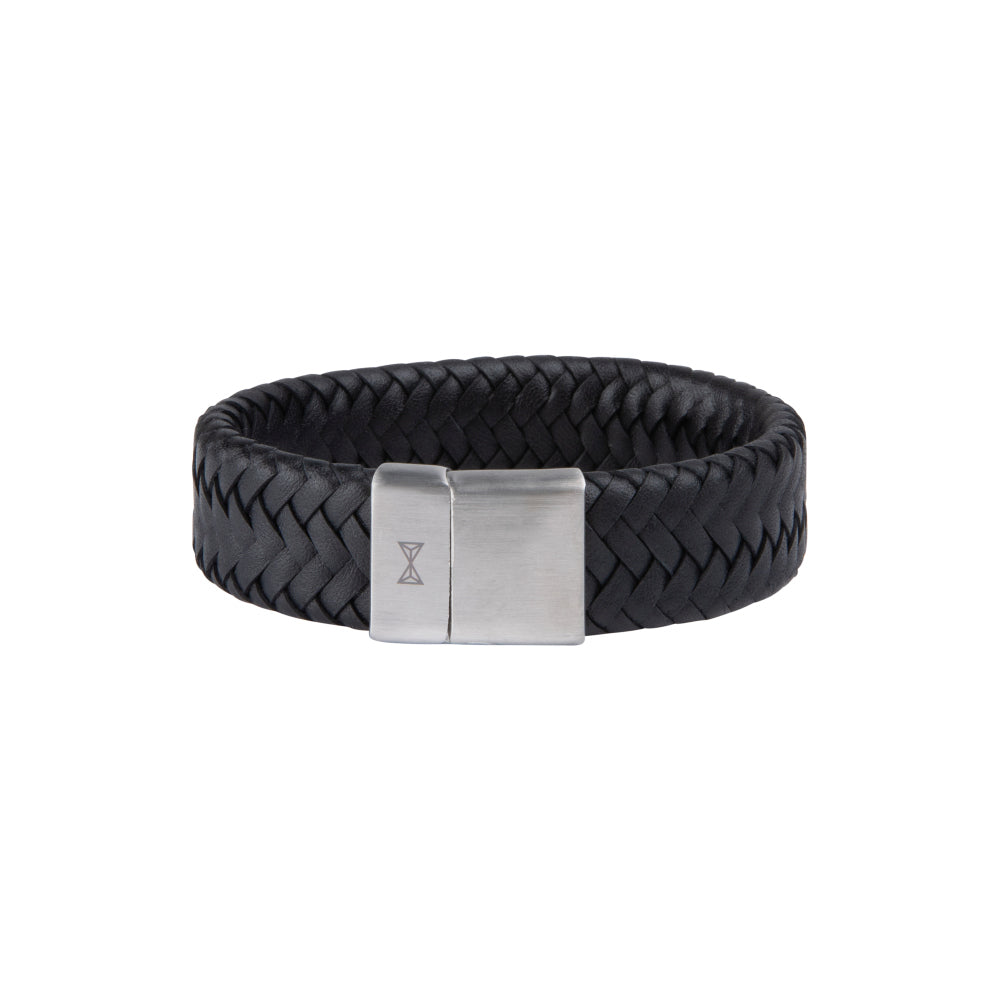 Schwarzes geflochtenes Armband aus Leder mit silberner Schließe