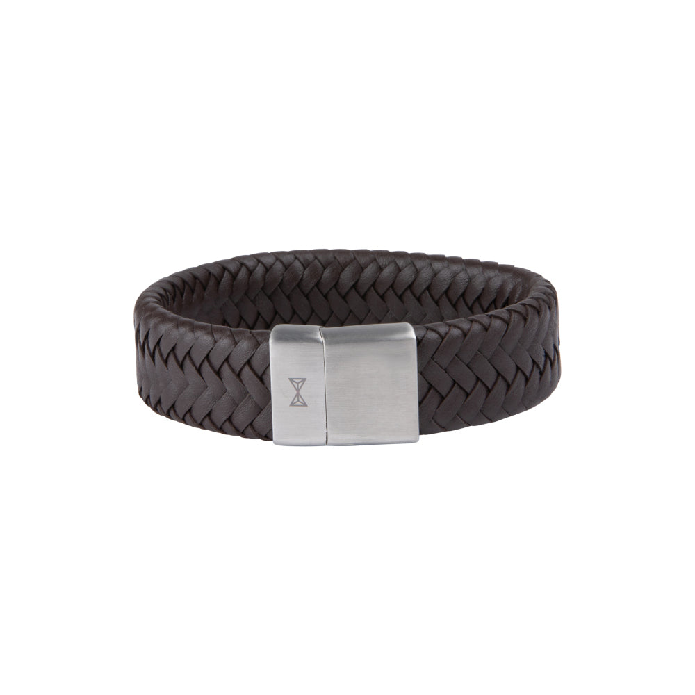 Braunes geflochtenes Armband aus Leder mit silberner, rechteckiger Verschlussplatte