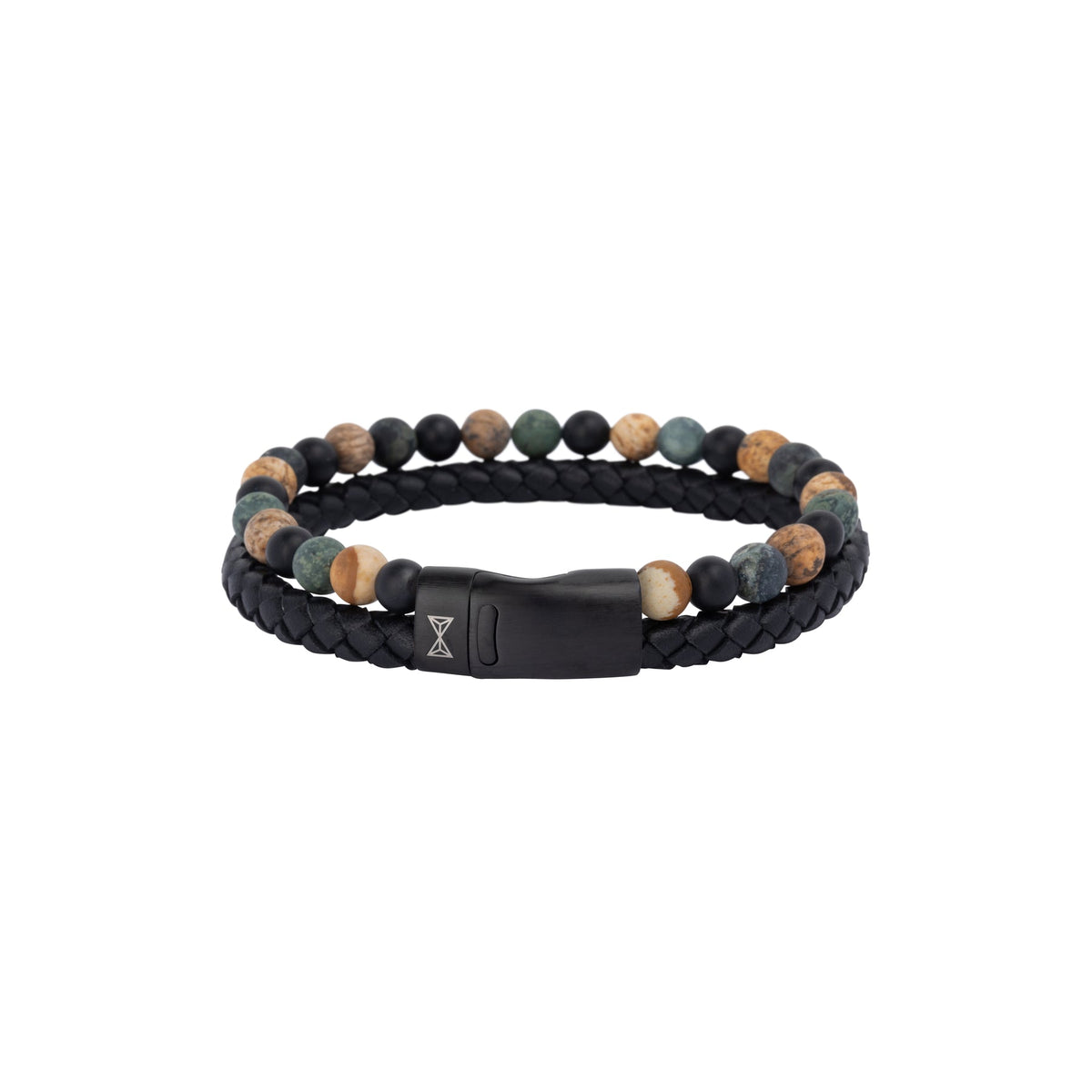 Armband aus geflochtenem Leder mit bunten Steinperlen und schwarzem Verschluss