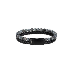Armband aus geflochtenem Leder mit grauen und schwarzen Edelsteinen
