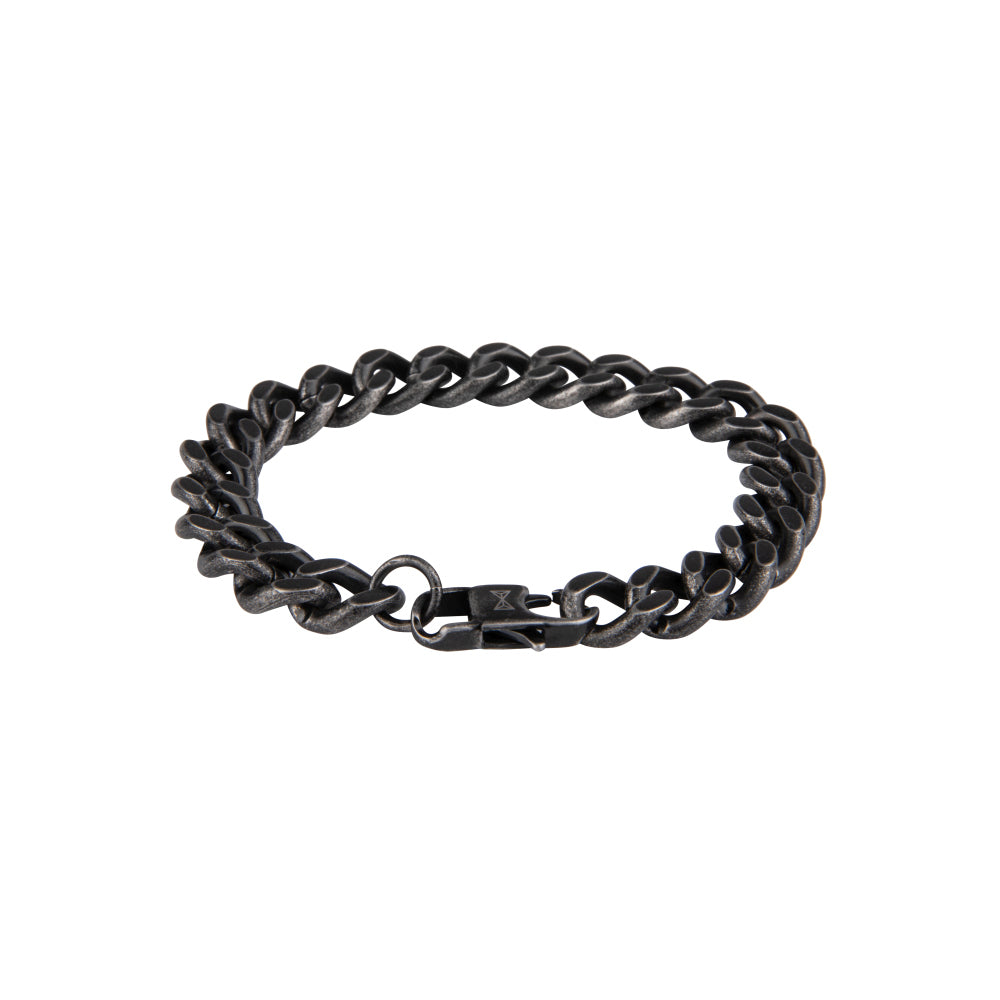 Gourmette-Armband aus antikem, schwarzem Metall mit flachen Gliedern und Karabinerverschluss