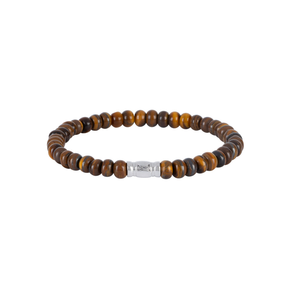 De AZE Jewels Kralen armband heren - Grand Teton Oval - 6mm heeft ronde gepolijste bruine kralen met een metalen sluiting en gegraveerd detail. De licht gevarieerde tinten lijken op natuurlijke rotsen, wat het een natuurlijke uitstraling geeft.