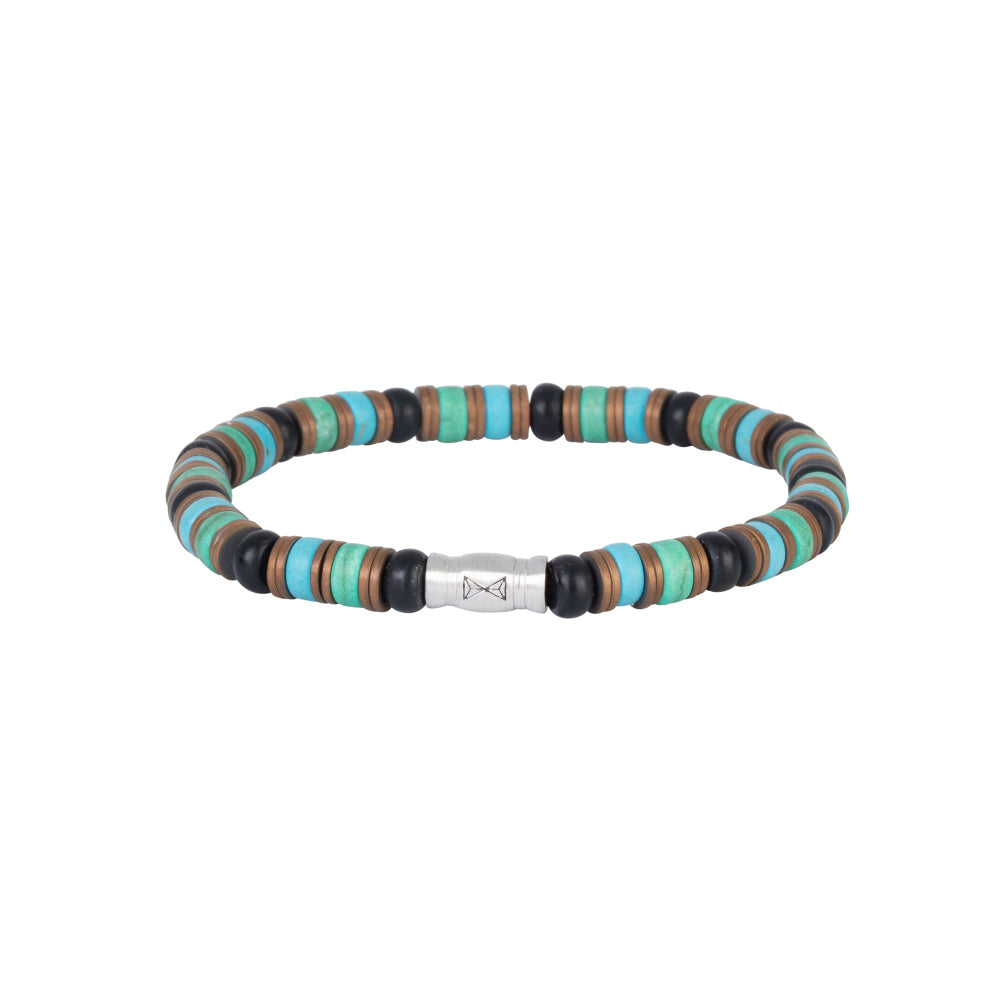Armband aus bunten, runden Perlen in Blau, Braun und Schwarz mit silbernem Verschluss