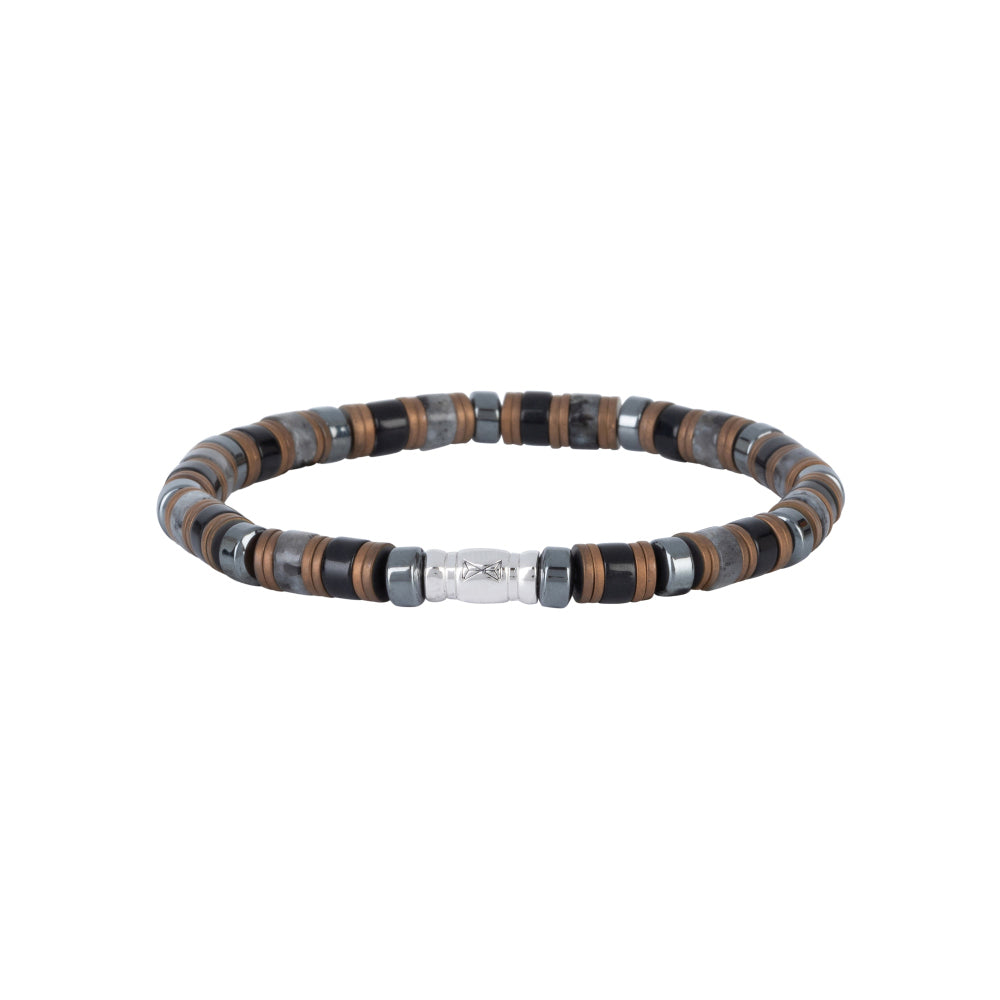 Herrenarmband aus 6 mm großen Perlen in Braun und Schwarz mit silbernem Element in der Mitte