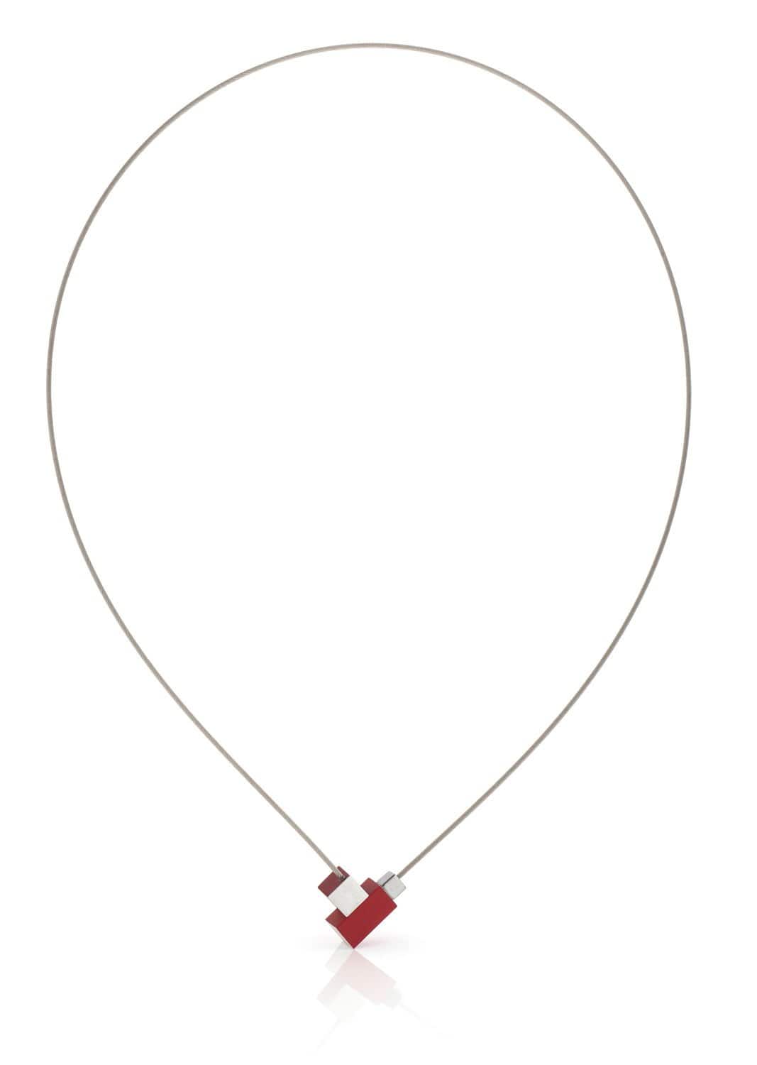 Collier mit rotem Rechteck und Quadrat aus Silberdraht