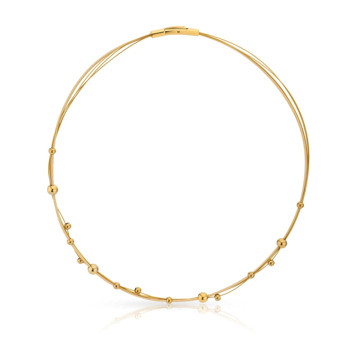Collier mit goldfarbenen, spielerischen Kugeln und zwei feinen Drähten
