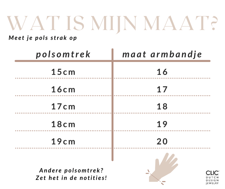 Een Wat is mijn maat? grafiek toont polsmaten met armbandmaten: 15cm-16, 16cm-17, 17cm-18, 18cm-19, 19cm-20. Herinnering: Meet je pols strak op. Logo: CLIC Creations. Vind jouw perfecte pasvorm voor de Thinking of You ❤️ armband goud, handgemaakt in Nederland.