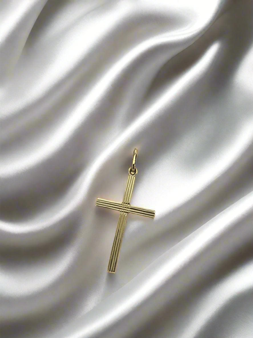 Vintage Hänger aus 14k Gold in Kreuzform mit feiner, gerillter Oberfläche