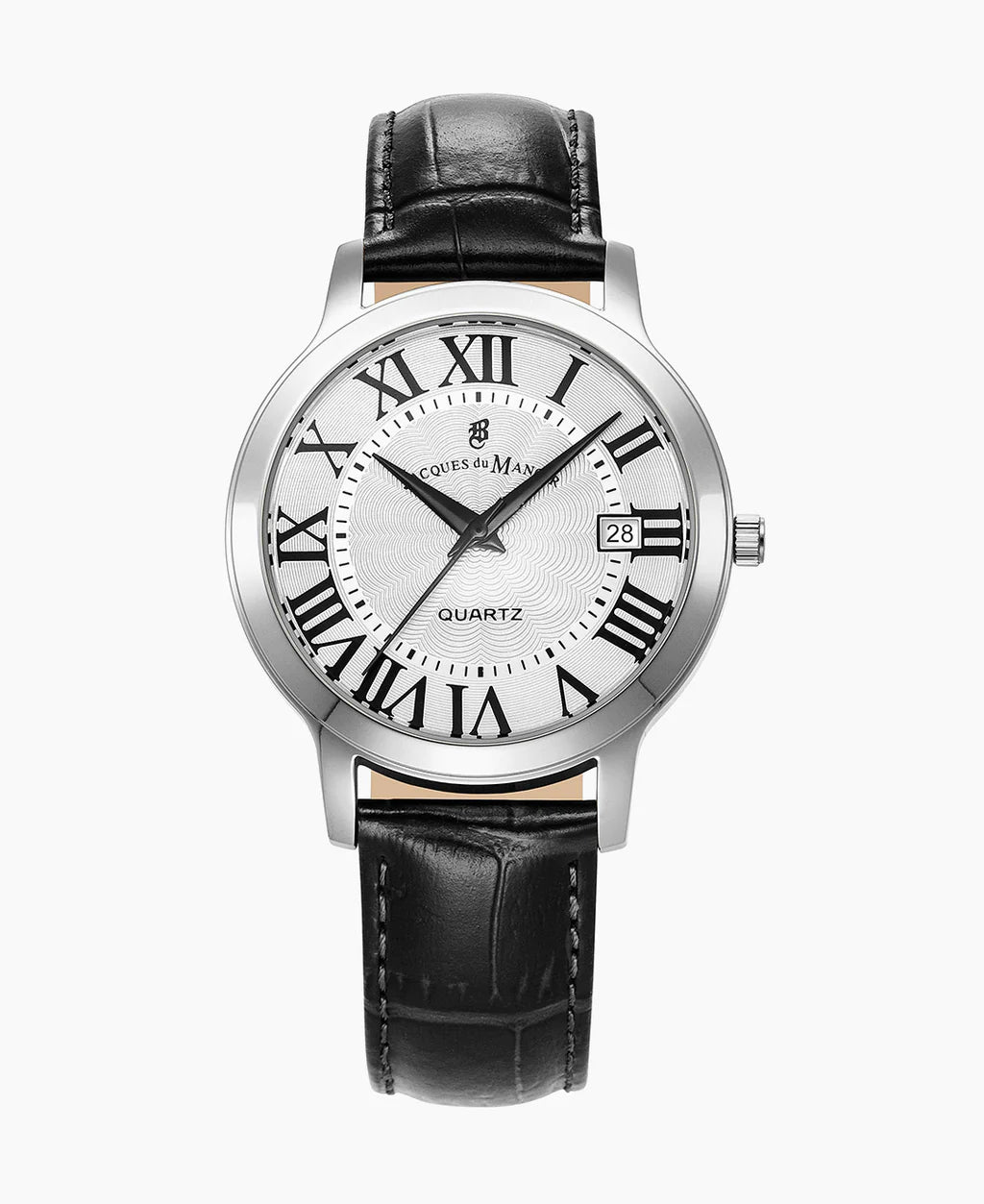 Herrenarmbanduhr mit silbernem Gehäuse, weißem Zifferblatt und schwarzem Lederarmband