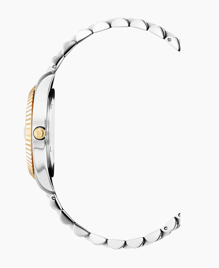 Zijaanzicht van de Jacques Du Manoir Inspiration 31mm dameshorloge met gestructureerde kroon en tweekleurige zilver- en goudkleurige metalen band, tegen een effen witte achtergrond.