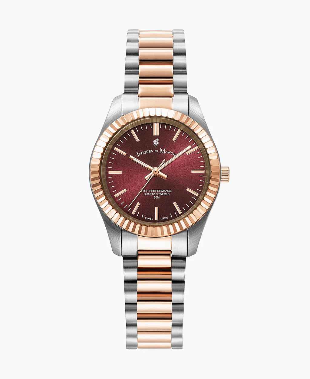 Uhr mit rotem Zifferblatt, Edelstahlgehäuse und roségoldener Lünette, Edelstahl-Mesh-Armband