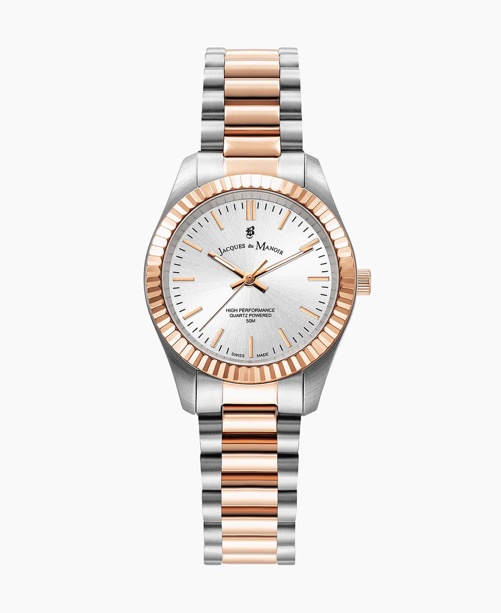 Uhr mit silbernem Gehäuse, weißem Zifferblatt und roségoldener Lünette sowie einem zweifarbigen Armband