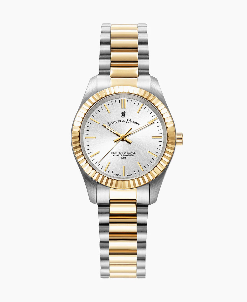 Uhr mit silbernem Zifferblatt, goldfarbener Lünette und zweifarbigem Armband aus Edelstahl