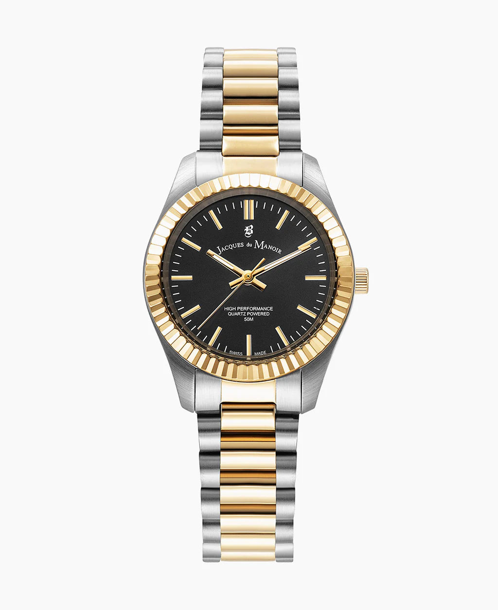 Uhr mit schwarzem Zifferblatt, Edelstahlgehäuse und goldfarbener Lünette, zweifarbige Armband aus Edelstahl