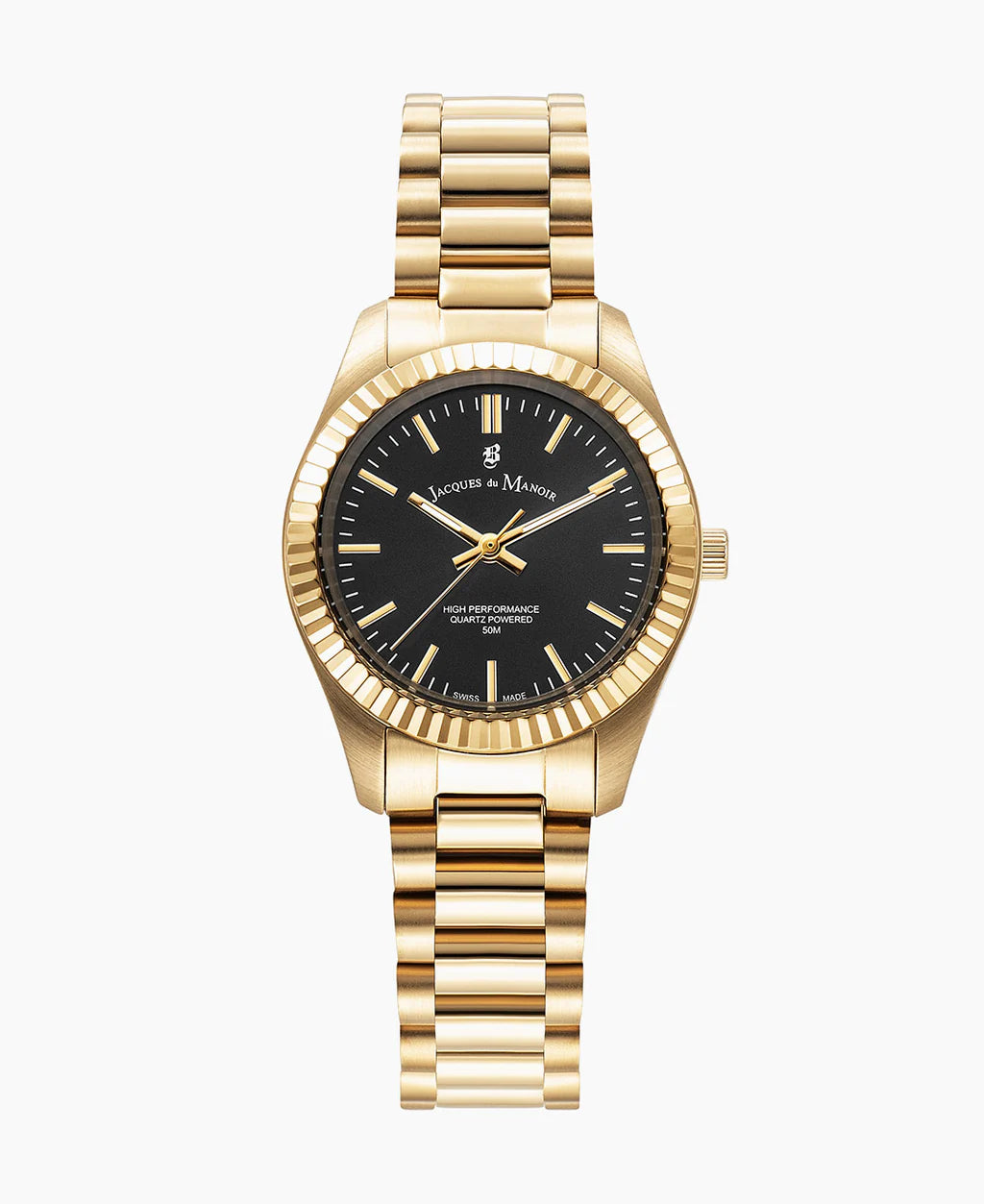 Uhr mit goldenem Gehäuse, schwarzem Zifferblatt und goldenem Armband