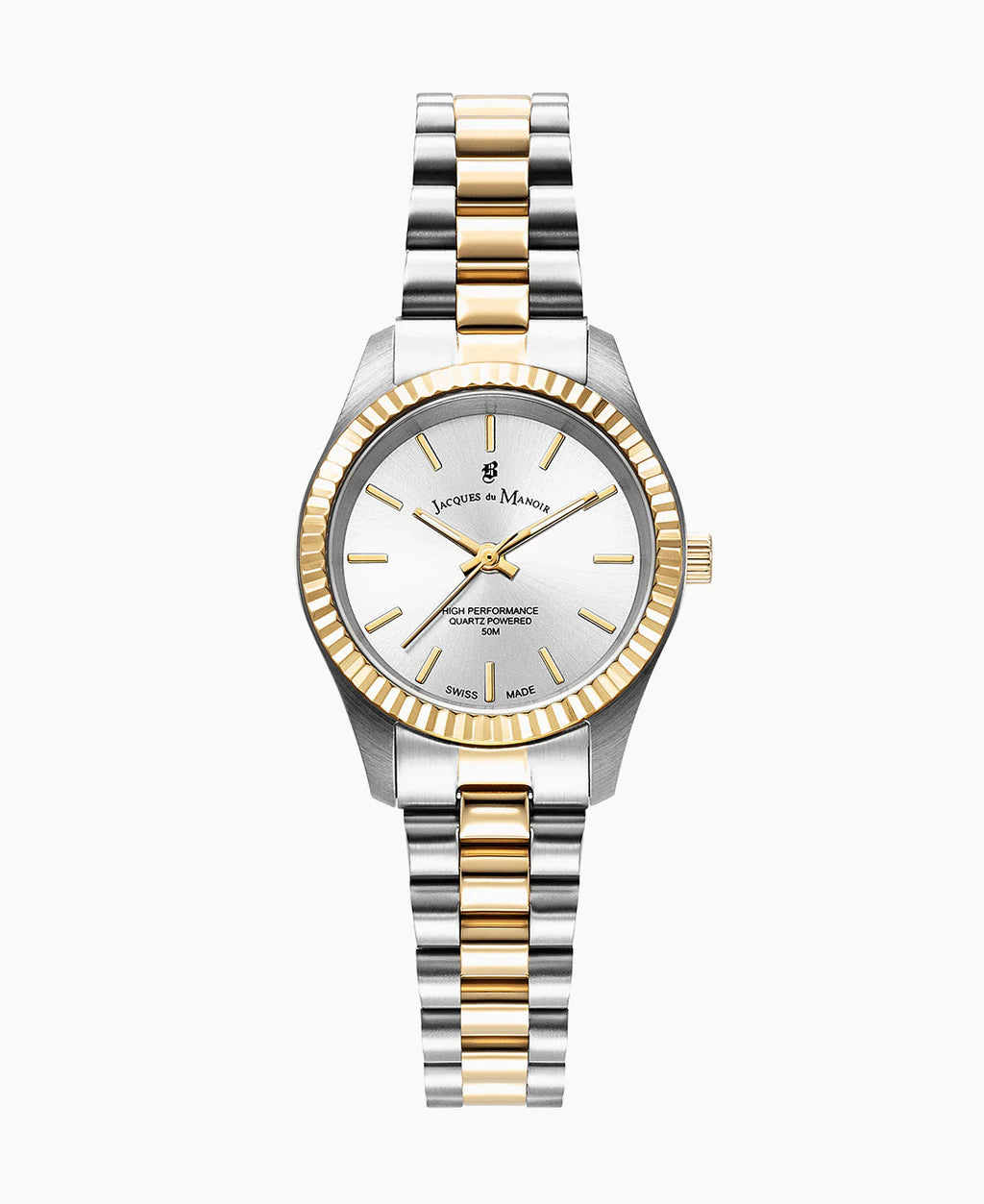 Uhr mit silbernem Zifferblatt, Edelstahl-Gehäuse und goldfarbener Lünette, zweifarbige Armband aus Edelstahl