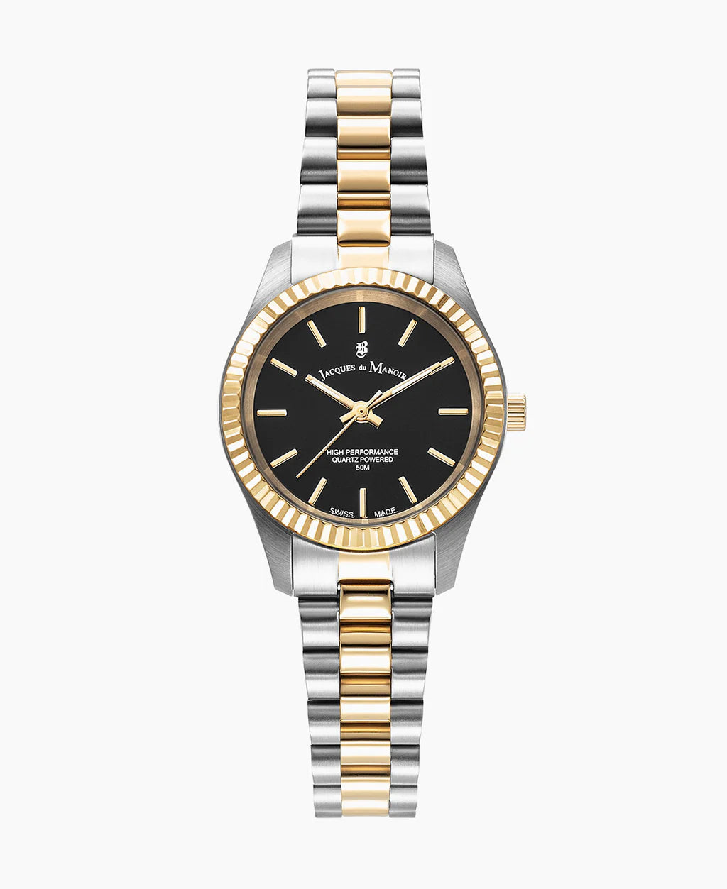 Uhr mit schwarzem Zifferblatt, Edelstahl-Gehäuse und goldfarbener Lünette, Edelstahl-Mesh-Armband