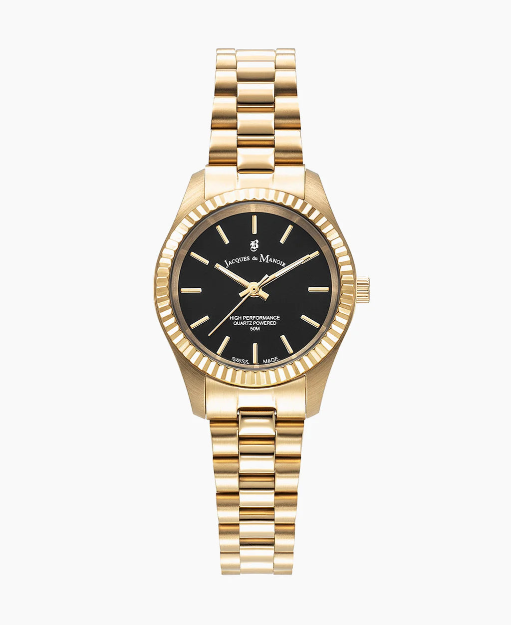 Uhr mit schwarzem Zifferblatt, goldfarbenem Gehäuse und goldfarbenem Armband aus Edelstahl