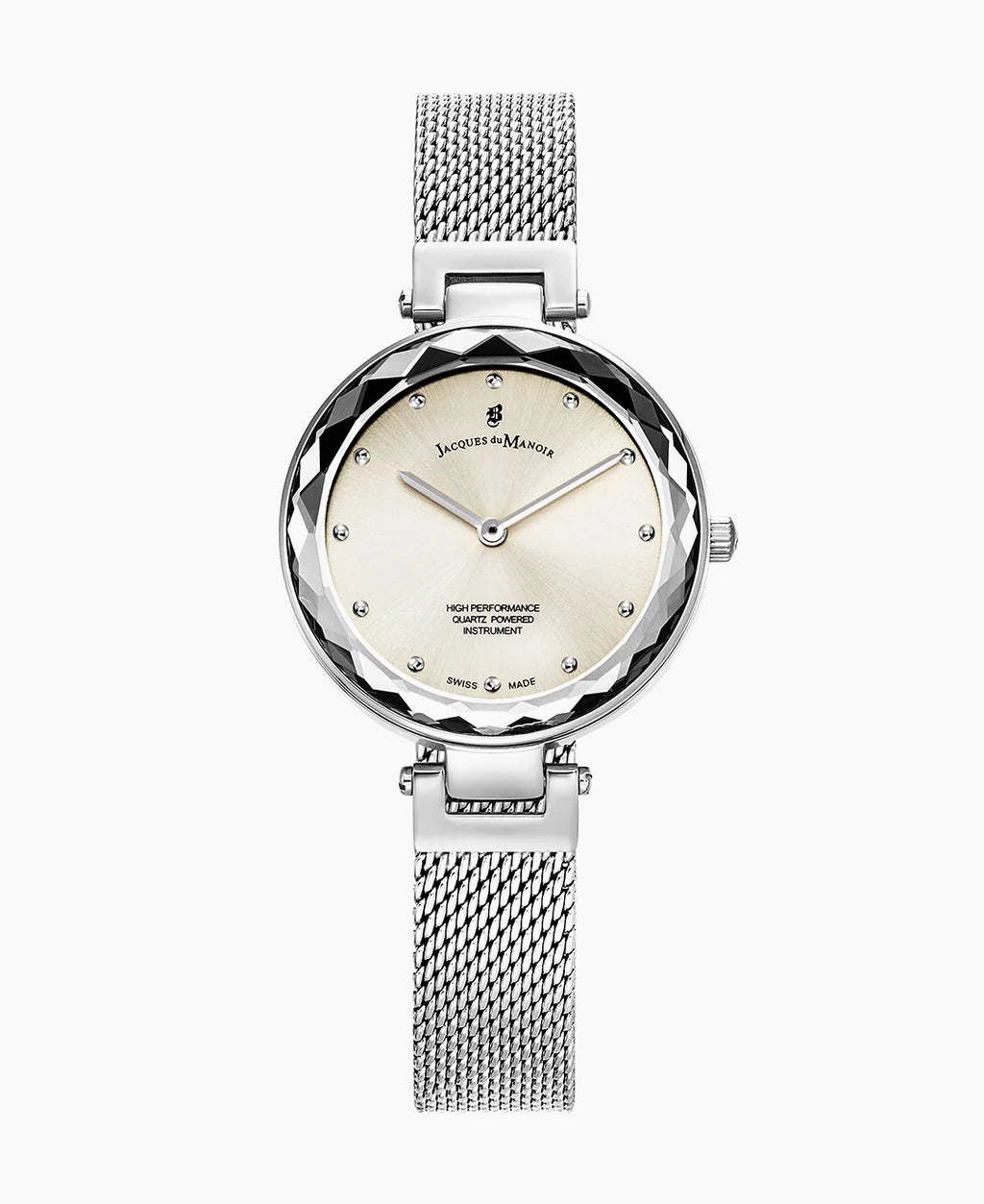 Uhr mit silbernem Mesh-Armband und Zifferblatt in Silber mit klaren Steinen als Stundenmarkierungen
