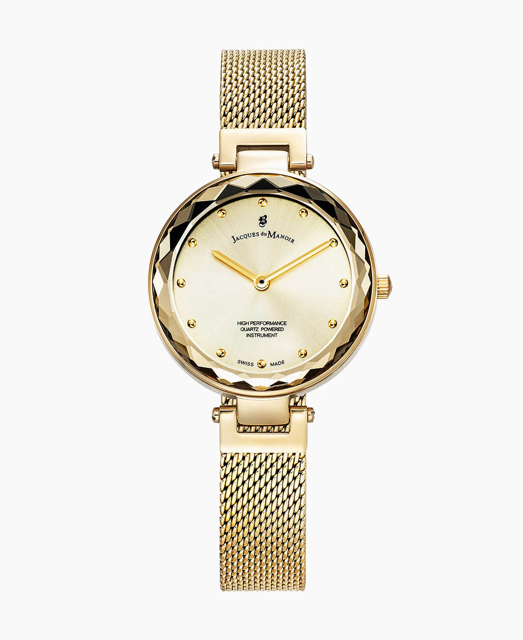 Uhr mit goldenem Gehäuse, beigem Zifferblatt und goldenem Mesh-Armband