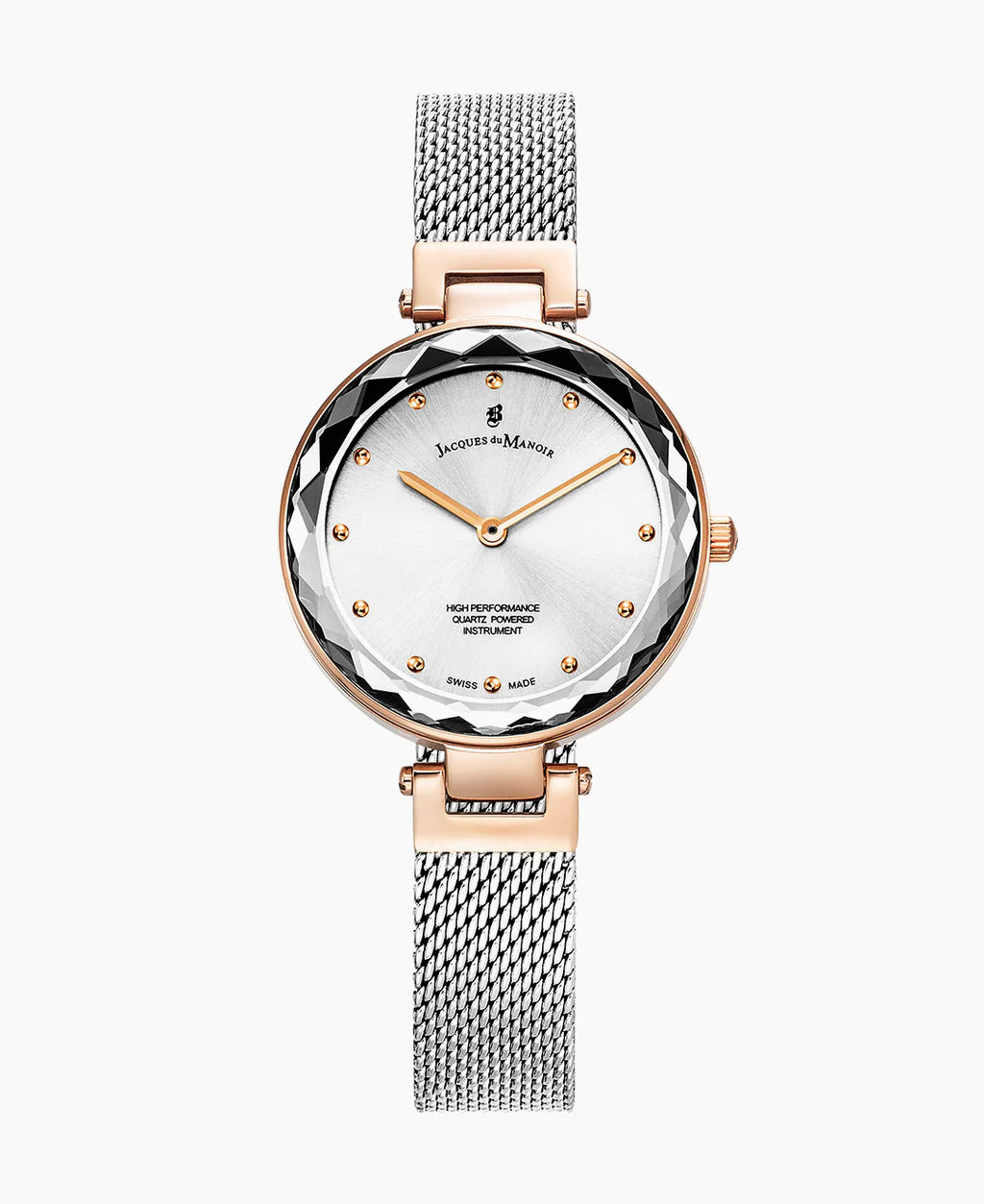 Uhr mit silbernem Mesh-Armband, roségoldenem Gehäuse und weißem Zifferblatt mit Steinen