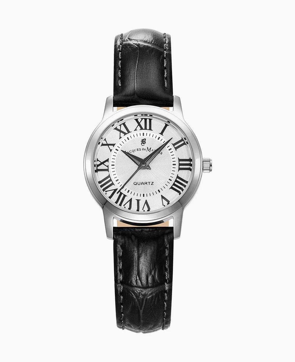 Damenarmbanduhr mit silbernem Gehäuse, weißem Zifferblatt und schwarzem Lederarmband