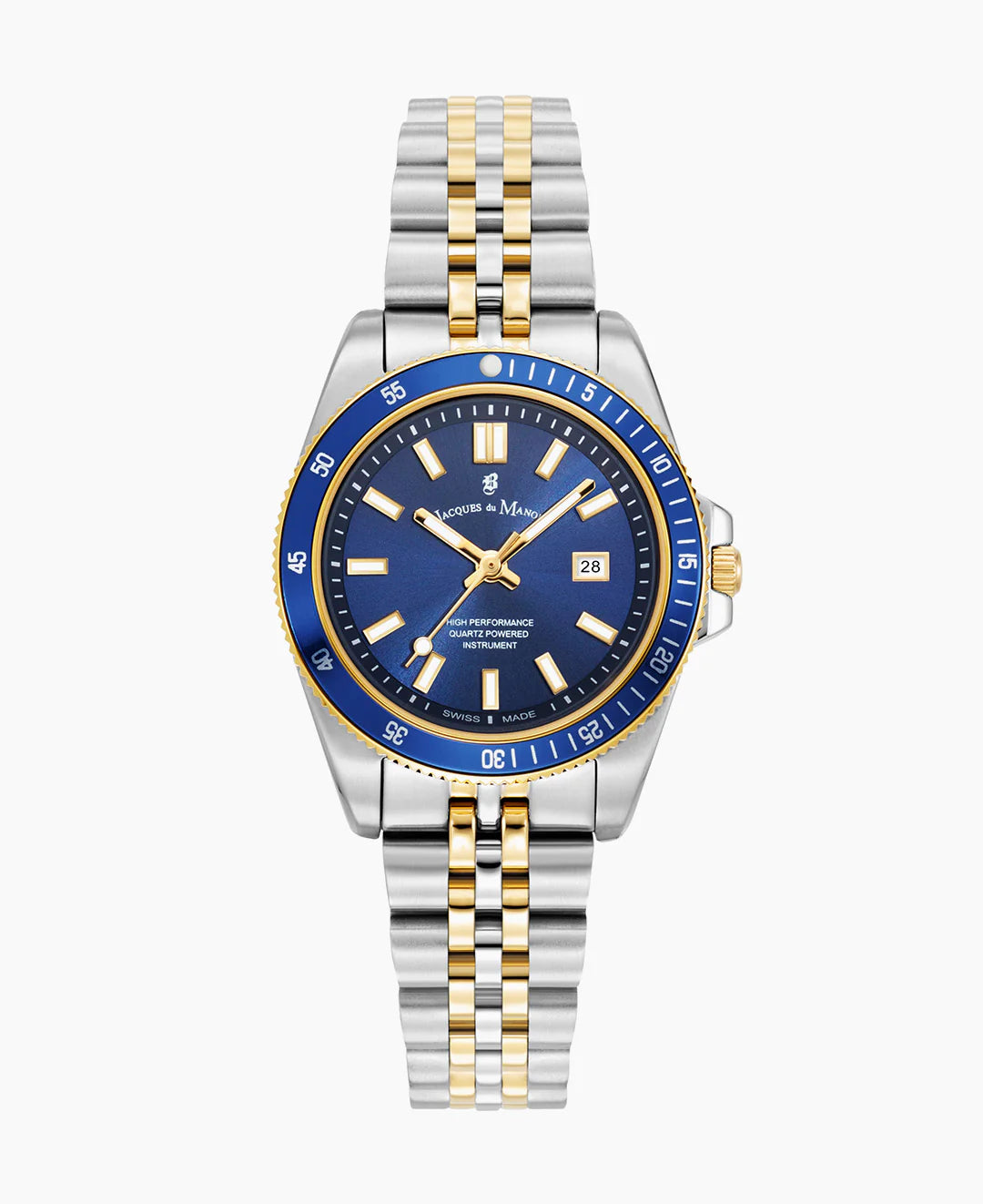 Herrenarmbanduhr mit blauem Zifferblatt, silbernem Gehäuse und goldener Lünette, Edelstahl-Mesh-Armband
