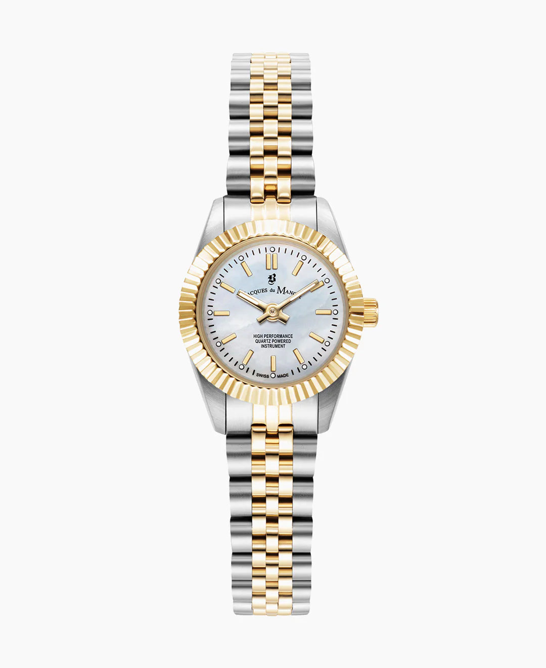 Uhr mit silbernem Gehäuse, goldener Lünette und weißem Zifferblatt, ausgestattet mit einem zweifarbigen Armband.