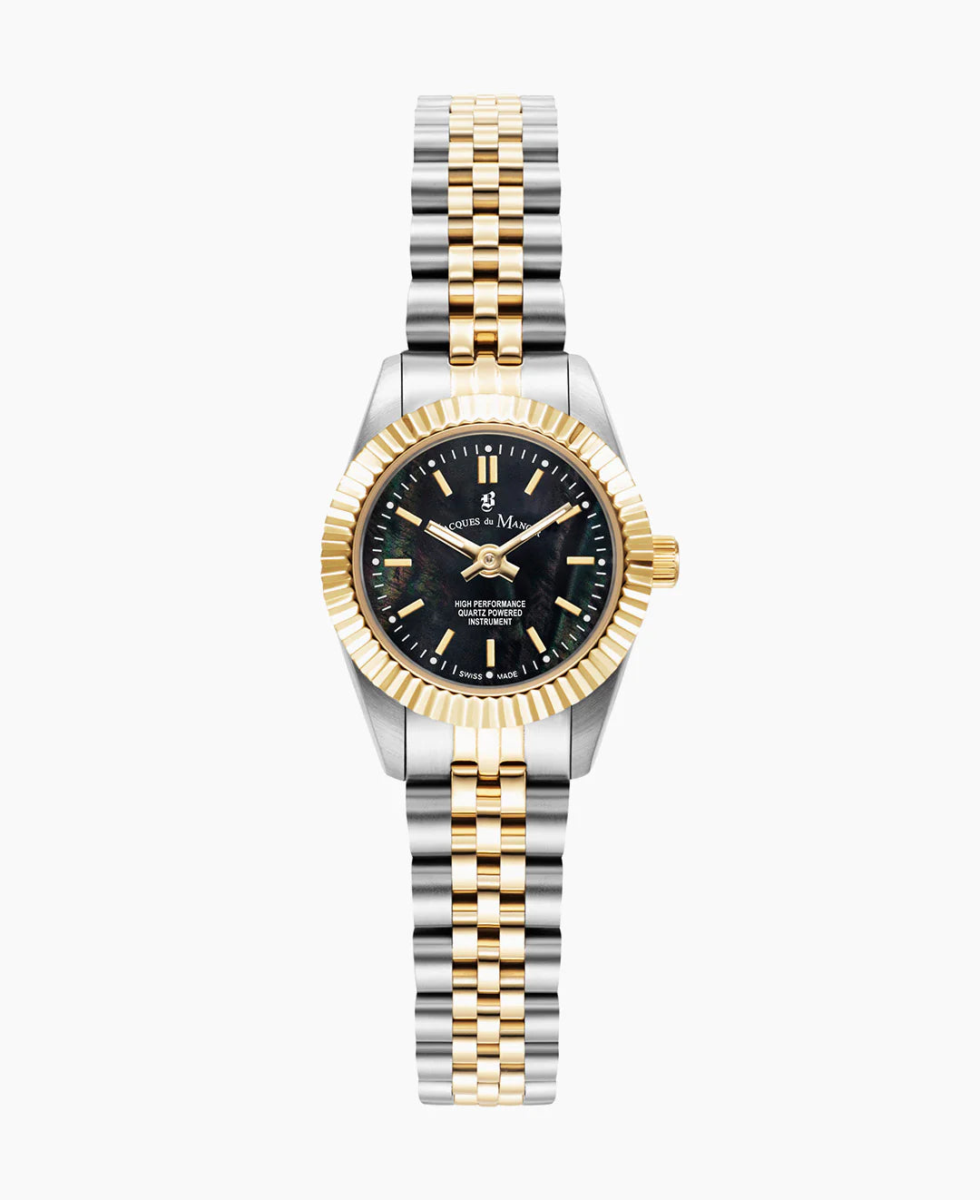 Uhr mit schwarzem Zifferblatt, zweifarbigem Gehäuse und goldfarbener Lünette, Edelstahl-Armband