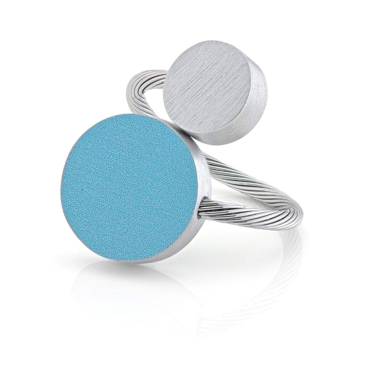 Ring mit zwei runden Formen, einer blauen Fläche und einem silbernen Drahtband