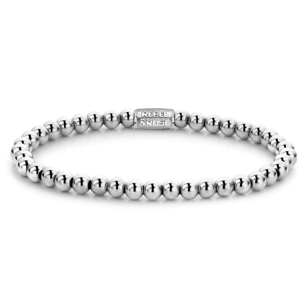 Silbernes 4mm Perlenarmband für Damen mit glänzenden Kugeln und zwei dekorativen Elementen