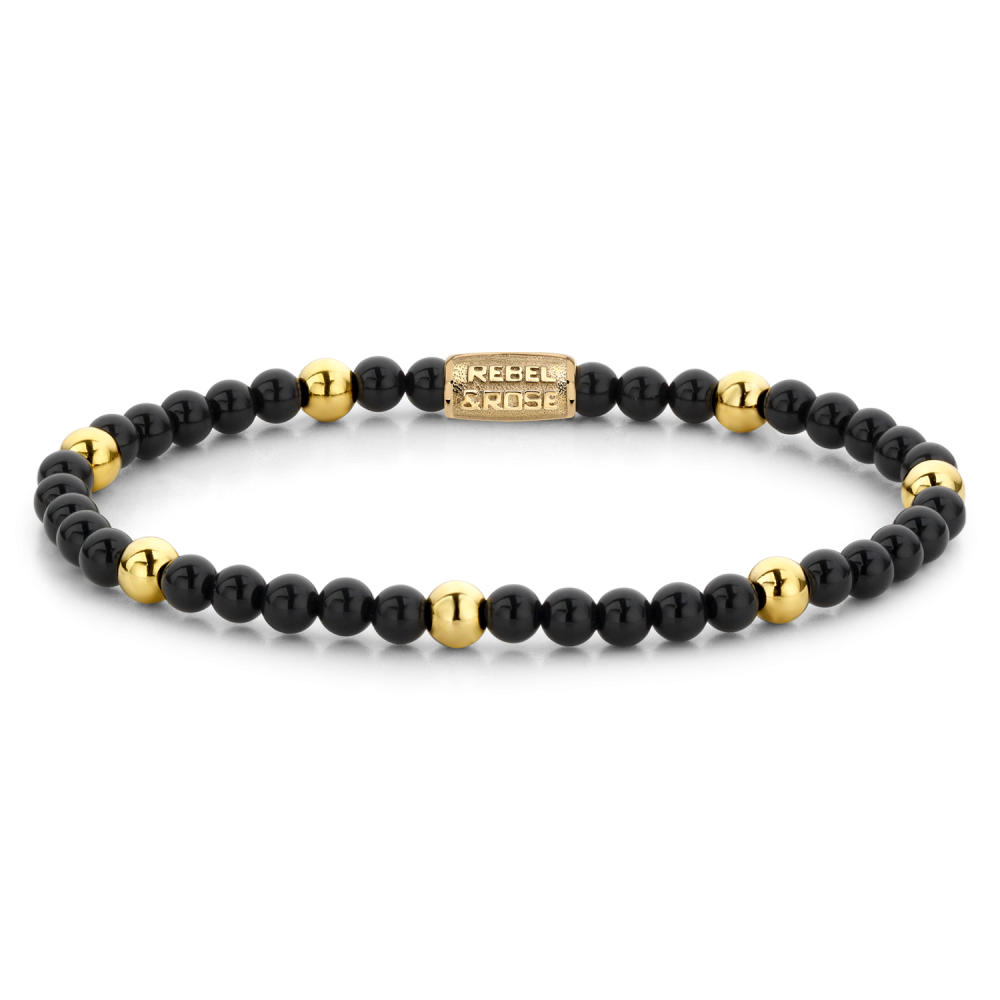 Schwarzes Perlenarmband für Damen mit 18 Karat gelbvergoldeten Akzenten und 4 mm großen Perlen