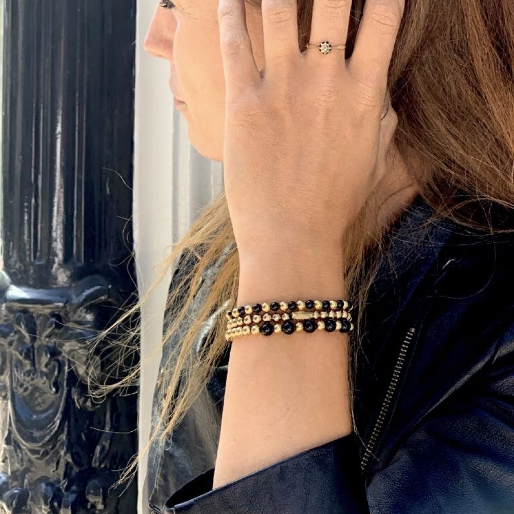 Mix Black Madonna – 18 Karat Gelbgold ionenplattiert – 4mm – Perlenarmband Damen