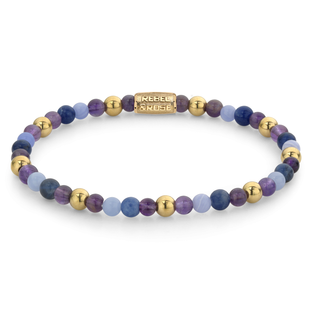 Kralenarmband für Damen aus 18 ct gelbgold ionisiert mit blauen und lila Edelsteinen