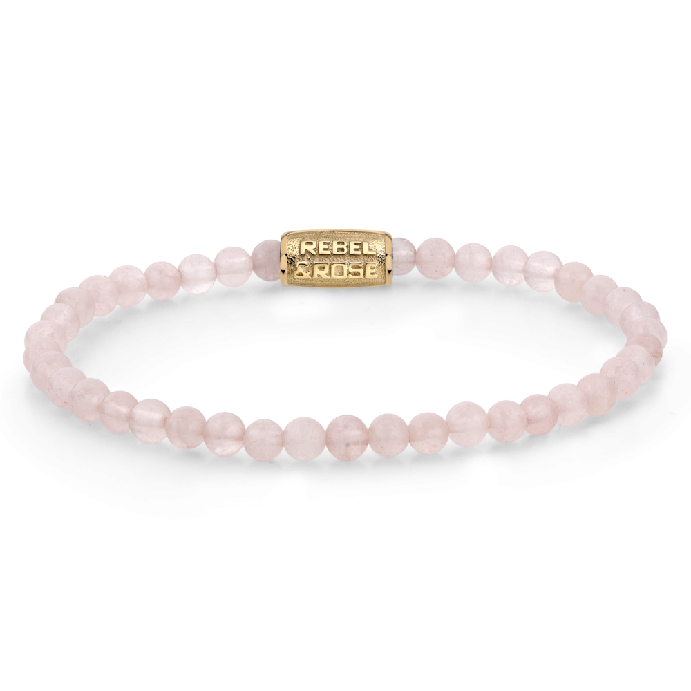 Kette aus rosévergoldeten Perlen mit goldfarbener Verschlussplatte und Gravur