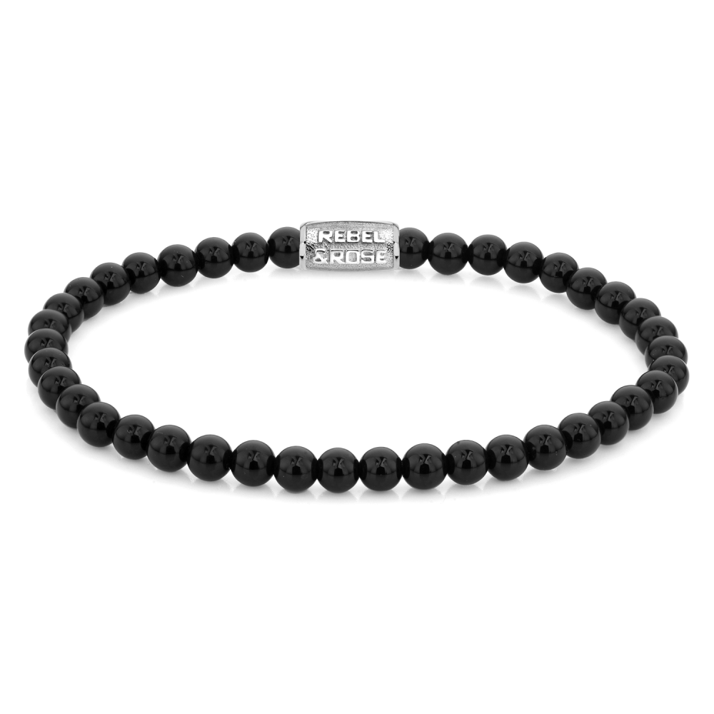 Schwarzes 4mm Perlenarmband für Herren mit silberner Verschlussplatte