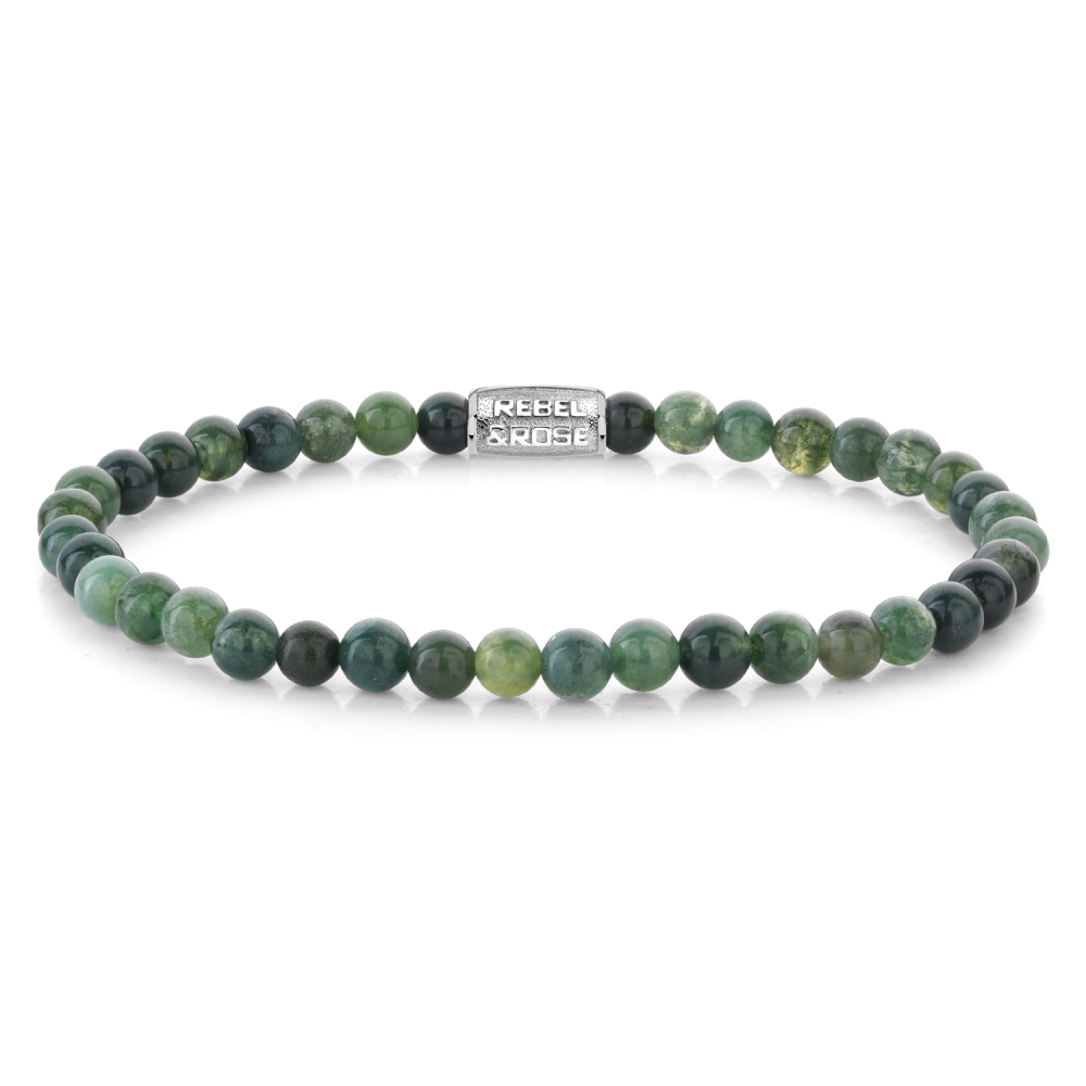 Herren-Armband mit 4 mm grünen Edelsteinkugeln und silbernen Elementen