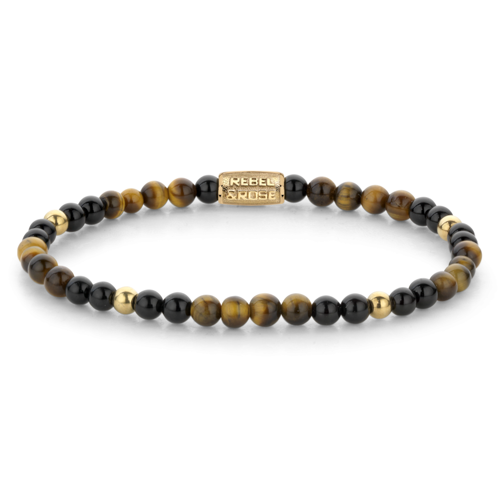 Kralenarmband für Damen mit schwarzen und goldenen Tigeraugenperlen sowie goldplattierten Elementen