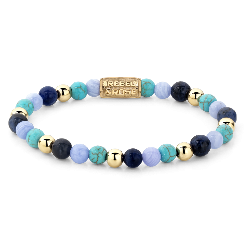 Kralenarmband für Damen mit blauen und türkisfarbenen Perlen sowie goldenen Akzenten