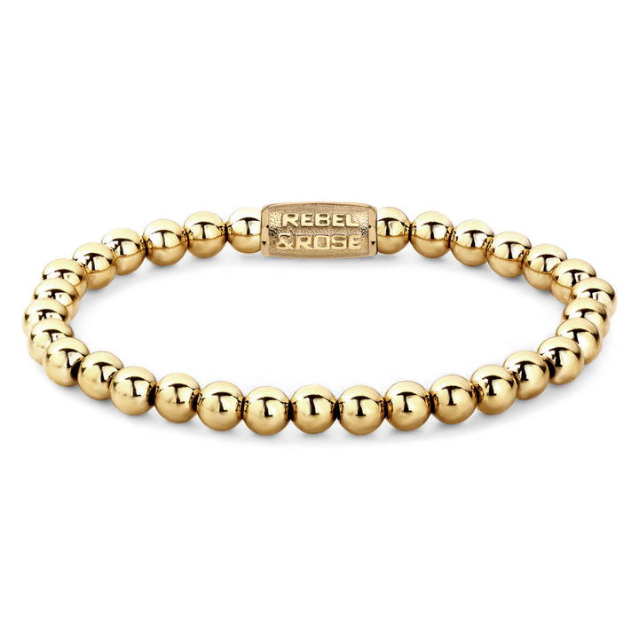 De Rebel & Rose Yellow Gold Only - 6mm Kralen Dames Armband is een luxe, gouden kralenarmband met een gestroomlijnd label en stralend 18kt ion-goud plating - ideaal voor liefhebbers van geelgouden armbanden.