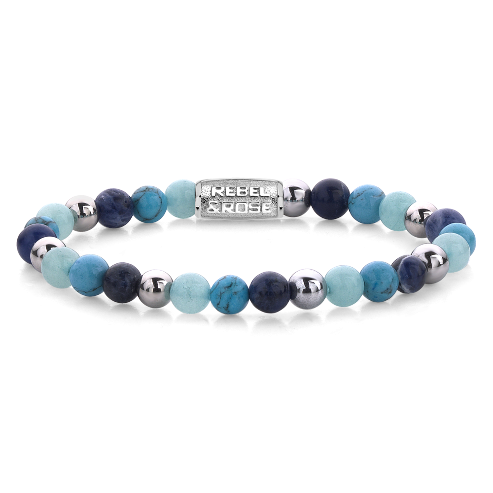 Kettenarmband für Damen mit blauen und türkisfarbenen Perlen sowie silbernen Akzenten